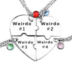 PRICES MAY VARY. Perfect Quartet: Showcase the unique bond among you and your three best friends. Our "Weirdo Crew" necklace set features four heart-shaped necklaces, individually engraved with "Weirdo 1" to "Weirdo 4," celebrating the enduring friendship among the group. Stainless Steel Elegance: Crafted from durable stainless steel, this necklace set not only symbolizes your friendship but also adds a touch of elegance to your look. The high-quality material ensures lasting beauty and a timele Matching Necklaces For 2 Best Friends, Polymer Clay Jewelry Necklace Best Friends, Best Friend Necklaces For 2 Cheap, Bff Necklaces Magnetic, Friendship Necklaces For 2 Kids, Friendship Necklaces For 9, Pizza Bff Necklace, Friendshio Necklaces, Bff Gifts Necklaces