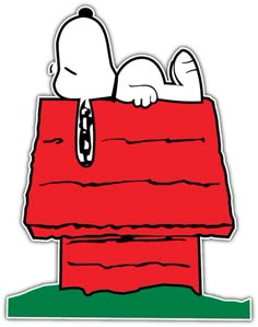 a sticker depicting a snoopy sitting on top of a red box with the caption, $ 2 99