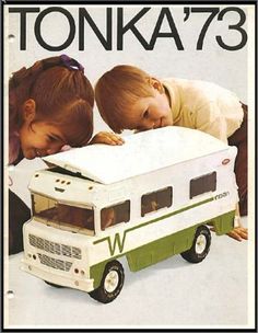 an advertisement for tonka toys featuring two children playing with a toy camper