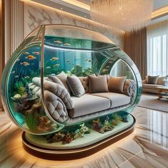 a living room filled with lots of different types of furniture and fish in an aquarium