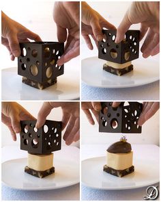 four pictures show how to make a cheesecake in the shape of a cube with holes