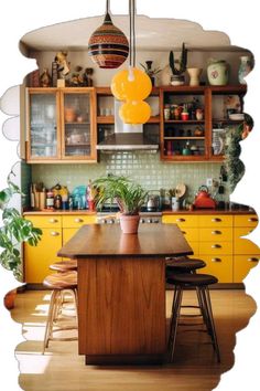 an image of a kitchen with yellow cabinets and wooden counter tops in the foreground