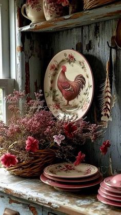 an old china cabinet with plates and flowers on it