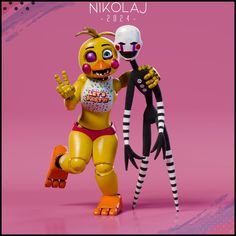 a couple of toy figures standing next to each other on a pink background with the caption nikola