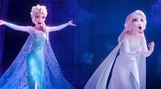 two frozen princesses are dressed in blue and white dresses, one is holding her arms out