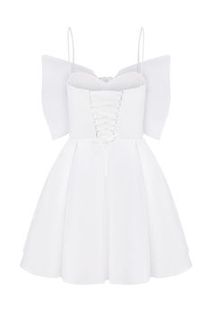 a white dress with ruffles on the shoulders and straps, in front of a white background