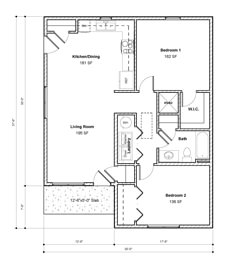 the floor plan for a two bedroom, one bathroom apartment with an attached living area