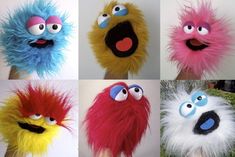 six different types of furry toys with eyes and mouths, all in different colors on white background