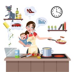 a woman holding a baby in her arms while cooking