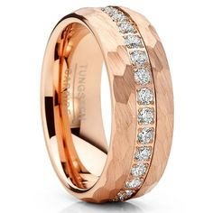 a rose gold wedding ring with diamonds on the outside and inside, set in 18k rose gold