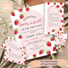 the strawberry baby shower is on the way, and it's free printable