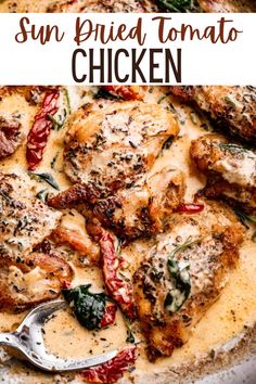 Sun Dried Tomato Chicken is a hearty, satisfying, Italian-inspired skillet dish! Boneless skinless chicken thighs are pan-fried, and then smothered in a creamy sun dried tomato sauce with herbs, garlic, and baby spinach. Creamy Sundried Tomato Chicken, Sundried Tomato Cream Sauce, Sundried Tomato Sauce, Easy Skillet Dinner, Sundried Tomato Chicken, Breaded Chicken Cutlets, Tomato Cream Sauce, Chicken Cutlet, Tomato Chicken