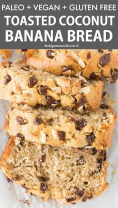 two loafs of banana bread with chocolate chips on top and text overlay that reads palen gluen free toasted coconut banana bread