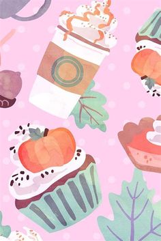 a pink background with cupcakes, coffee cups and other food items on it