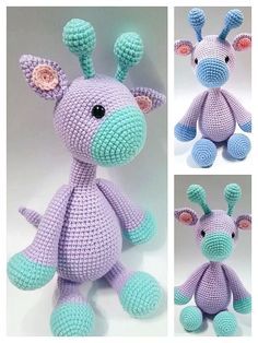 three photos of stuffed animals made out of crocheted yarn, one is purple and the other is blue