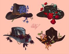 four different hats with flowers on them