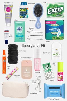 Girly Emergency Kit Back To School, School Hygiene Essentials, Emergency Kit For High School, School Care Bag, All School Supplies, What’s In My Emergency Bag For School, Emergency Bag For School Aesthetic, Essential School Bag, What To Out In Your School Bag