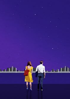 a man and woman walking in front of a city skyline at night with the stars above them