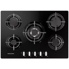 a black stove top with four burners