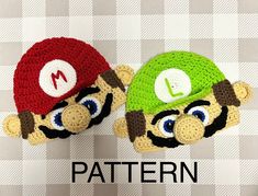 two crocheted mario and luigi hats on top of each other with the word pattern below