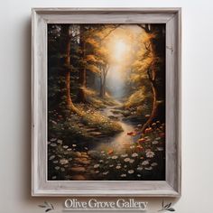 an oil painting of a forest scene with flowers and trees in the foreground, framed on a wall