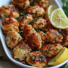 a close up of a plate of food with chicken and lemons on the side