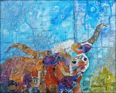 a painting of an animal made out of paper and collaged with newspaper strips