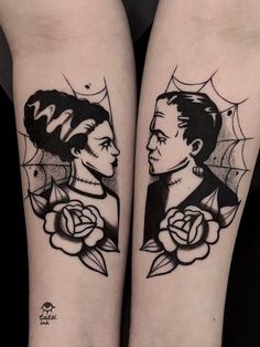 two people with tattoos on their legs