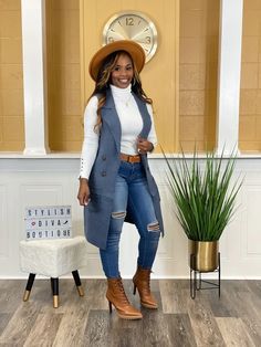 Fall Clothing Ideas For Women Over 40, Dress With Vest Fall Outfits, Cropped Sweater With Shirt Underneath, Cognac Outfit Color Combos, Black Femininity Bohemian, Cardigan Vest Outfits For Women, House Warming Outfits For Women, Fall Country Club Outfit, Fall Wardrobe Black Women