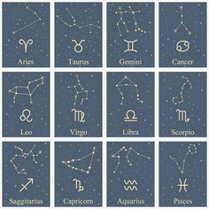 zodiac signs and their names in gold on a dark blue background with white stars stock illustration