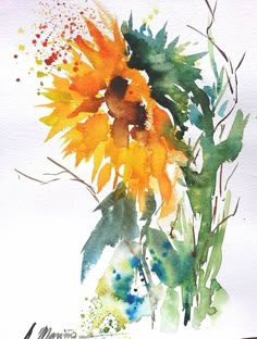 a watercolor painting of a sunflower in a vase