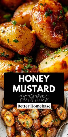 honey mustard potatoes in a white bowl with text overlay