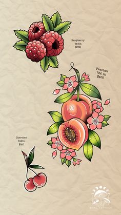 an old school tattoo design with flowers and fruit on it's side, including cherries