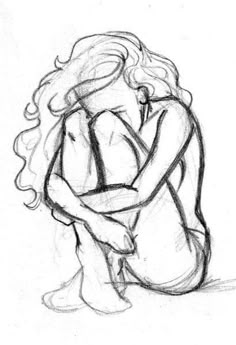 a pencil drawing of a woman hugging her head with her hands behind her back, on a white background