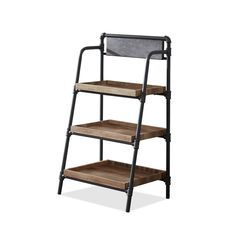 a metal and wood shelf with three shelves