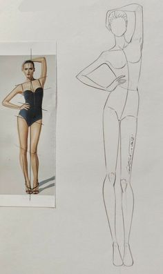 a drawing of a woman in swimsuit next to an image of a mannequin