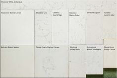 white marble tiles with different names and colors on them, all lined up in rows