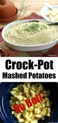 there is a bowl of mashed potatoes and a plate with cheese on the side that says crock - pot mashed potatoes