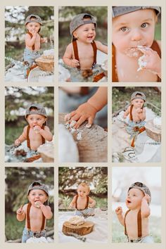 a collage of photos with a baby eating cake