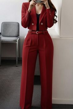 Two Piece Suits For Women, Stylish Dress For Women, Red Suit For Woman, Women Red Suit, Womens In Suits, Stylish Work Outfits For Women, Hot Suits Women, Trendy Long Sleeve Solid Color Sets, Long Sleeve Office Sets With Pockets