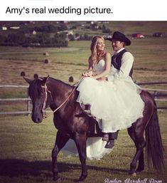 a bride and groom are sitting on a horse