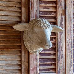 a sheep head mounted to the side of a wooden building