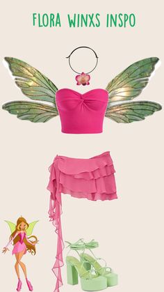 a woman in pink top and skirt with wings