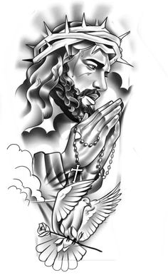 a black and white drawing of jesus holding his hands together with the cross on it