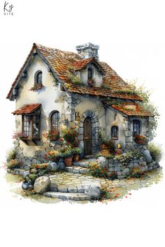 10 Countryside Stone House Watercolor Clipart with Overgrown Flowers, Printable Vintage Art for Home Overgrown Flowers, Tiny Glade, Building Reference, Watercolor Houses, Food Photography Studio, House Watercolor, Nice Tattoos, Beautiful Bookshelf, Fantasy Architecture