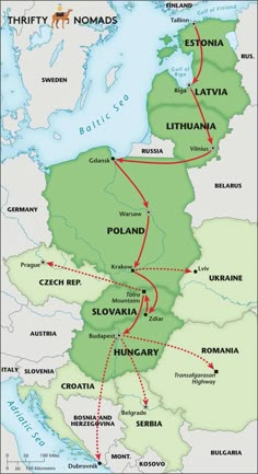 a map showing the route of europe and its major cities, from which it is located