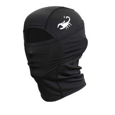 a black face mask with white scorpion on it