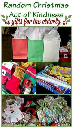 random christmas gifts for the elderly with text that reads random christmas act of kindness gifts for the elderly