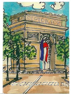 a drawing of the arc de trioe in paris, france with trees and clouds