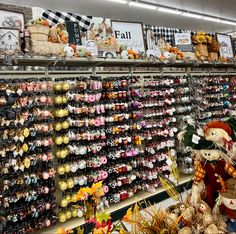 there are many stuffed animals on the shelves in this store that is filled with souvenirs